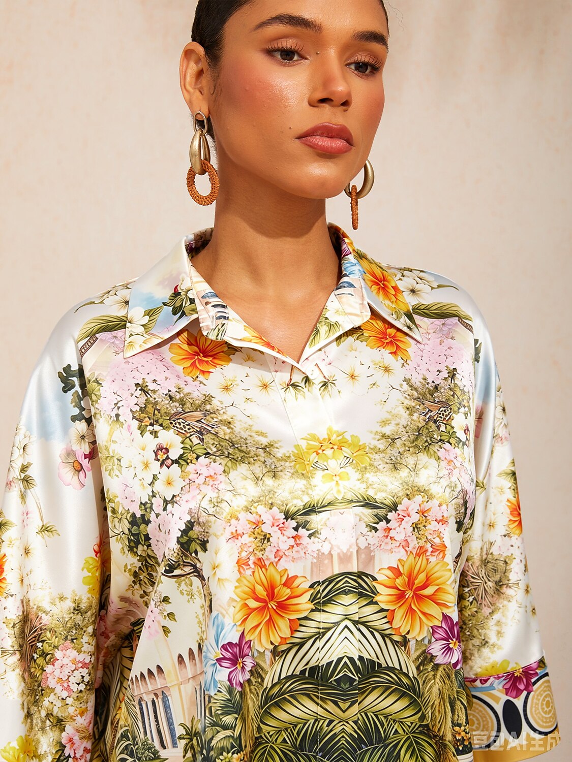 Pastel Floral Garden Satin Dolman Sleeve Top