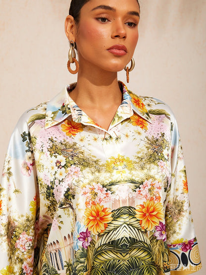 Pastel Floral Garden Satin Dolman Sleeve Top