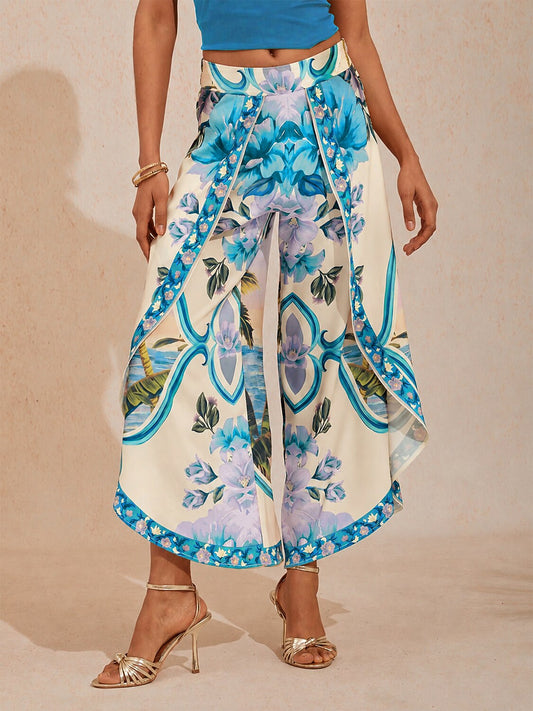 Hawaii Palm Satin Slit Wide Leg Pants
