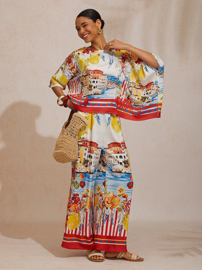 Summer Night Palm Silky Satin Dolman Sleeve Top