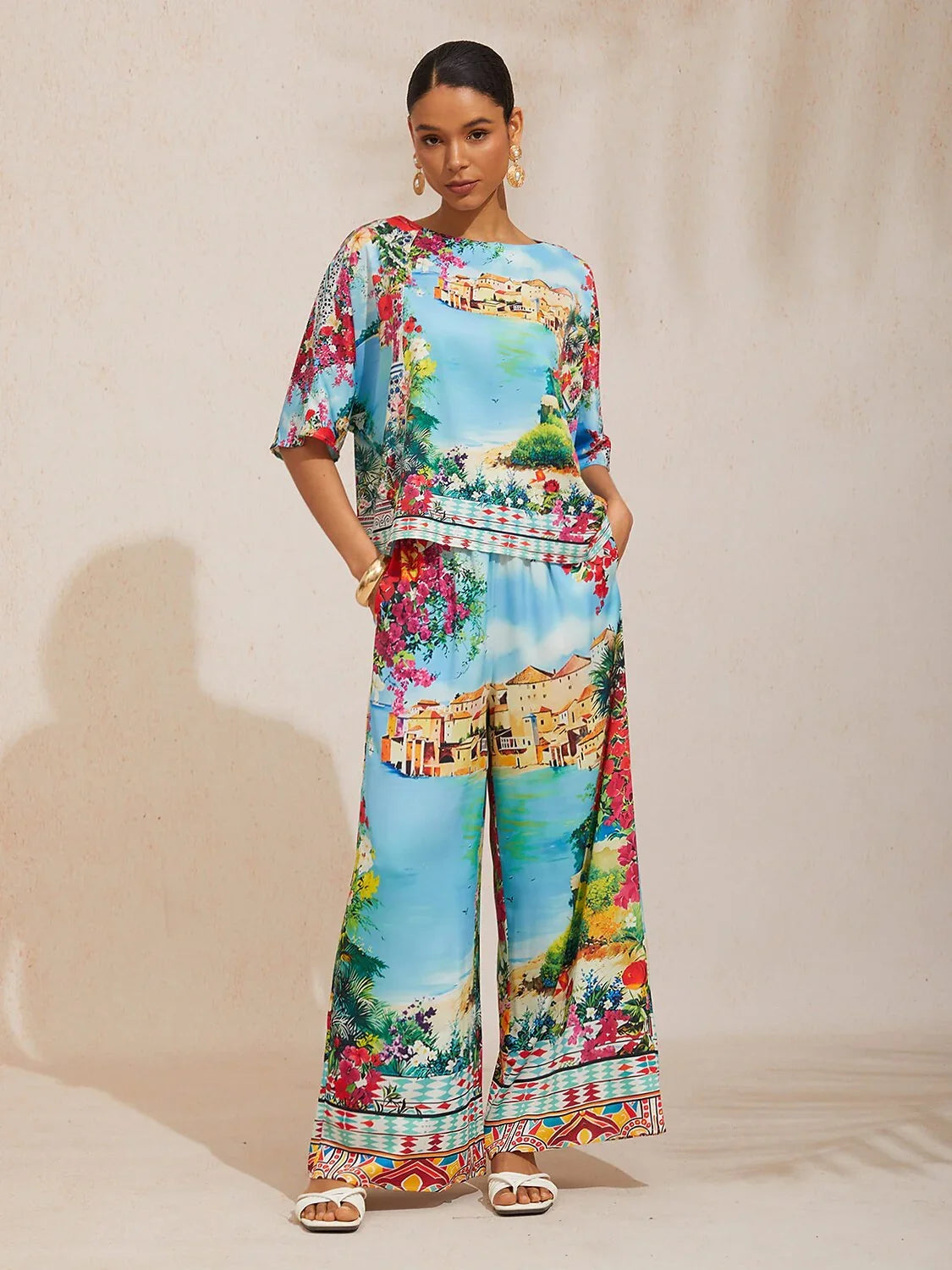 Boho Paisley Silky Satin Wide Leg Pants