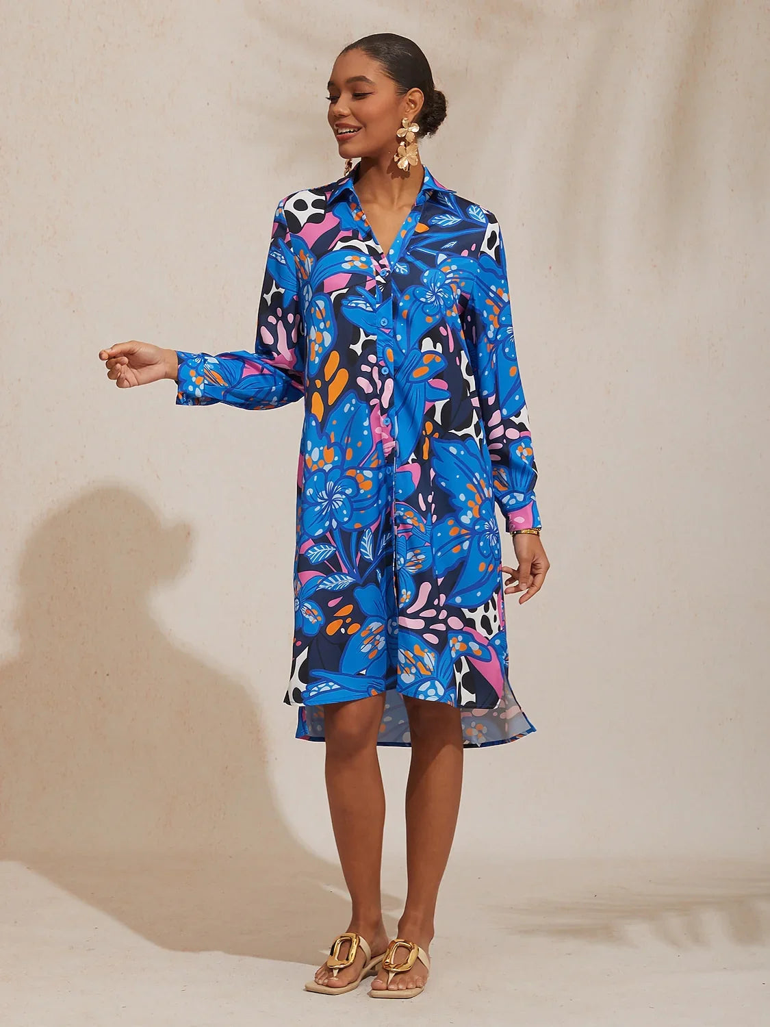 Abstract Azure Silky Satin Dot Shirt Dress