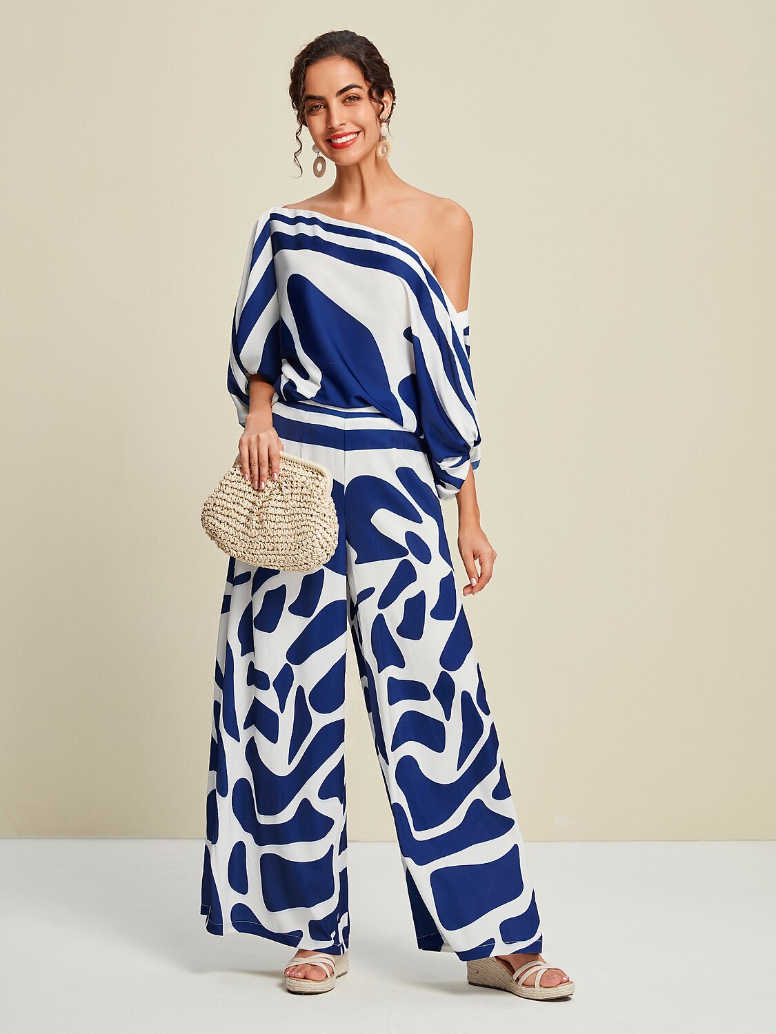 Pantalones Anchos de Pierna Ancha con Estampado Abstracto para Uso Diario de Satén