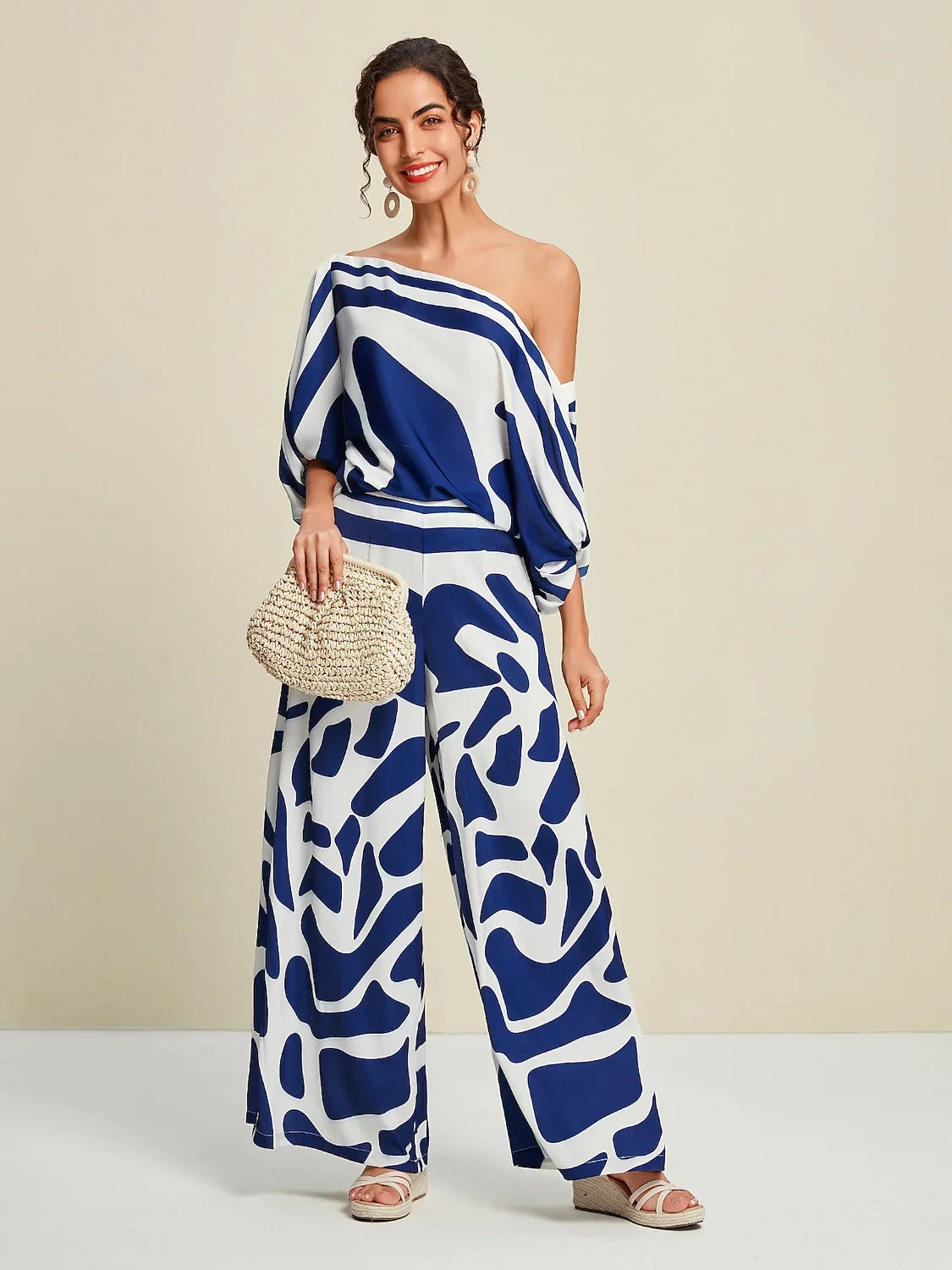 Satin Daily Casual Abstract Arts Wide Leg Pants