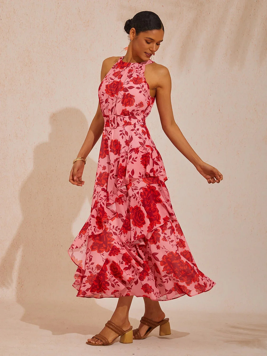 Spring Blooms Flowy Chiffon Waist-cinching Maxi Dress