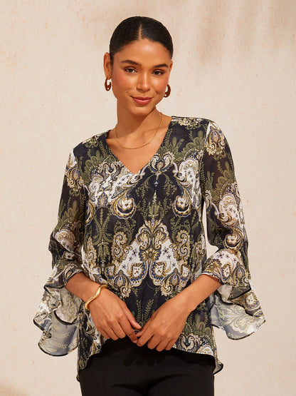 Green Mandala Floral Flowy Chiffon Blouse