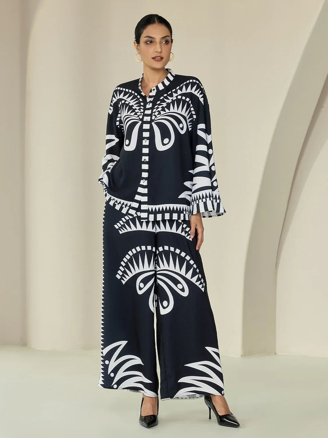 Black Satin Full Length Printing Wide Leg Pants