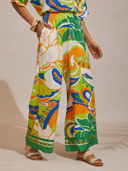 Emerald Rose Garden Silky Satin Straight Pants