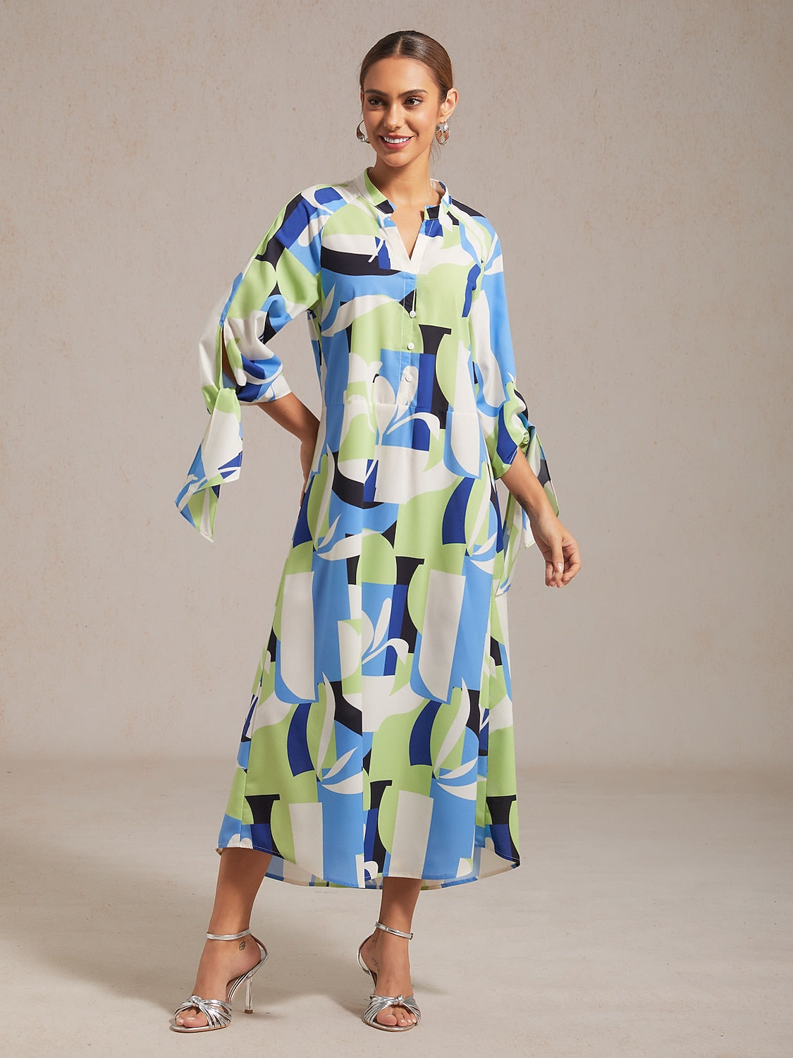 Geometric Floral Patchwork Print Green Maxi Dress