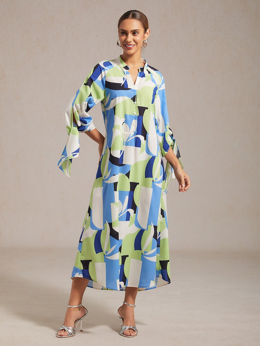 Geometric Floral Patchwork Print Green Maxi Dress