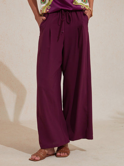 Burgundy Elastic Drawstring Linen Look Wide Leg Pants