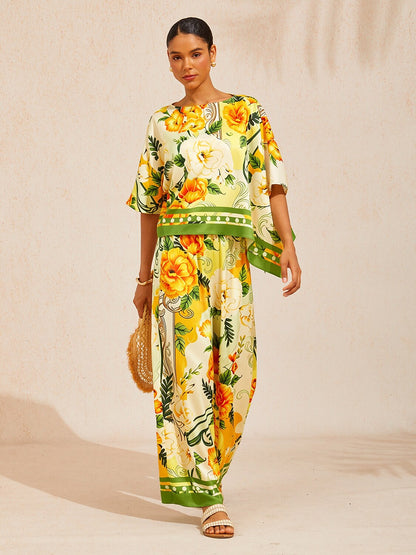 Golden Bloom Silky Satin Batwing Top