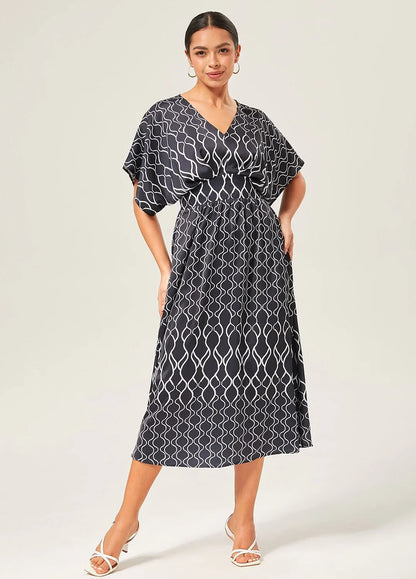 Geometric Print V-Neck Cinched Maxi Dress