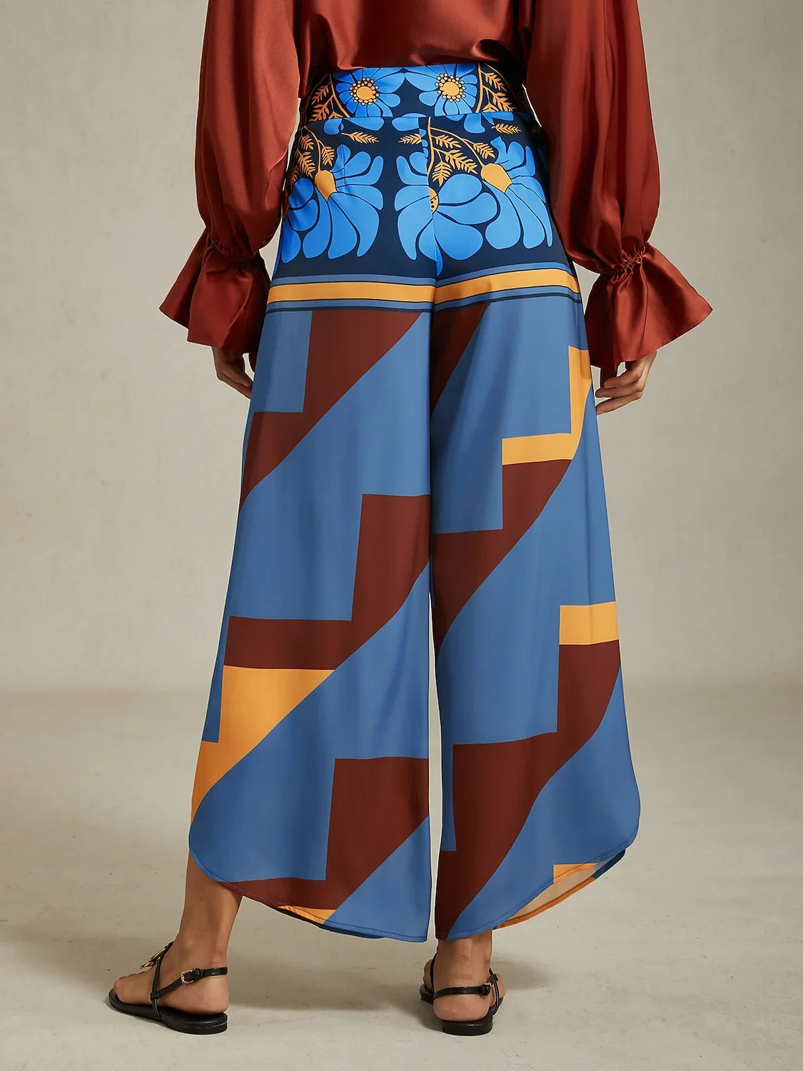 Satin Geometric Print Swing Full Length Micro-Elastic Pants