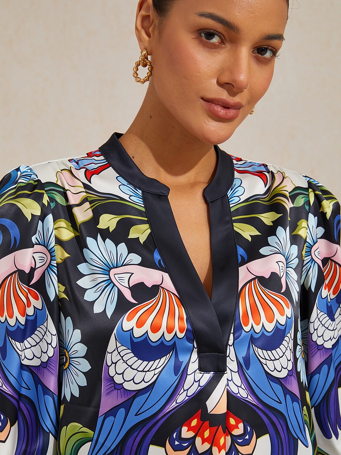 Bird Flower Silky Satin Blouse