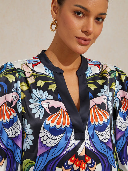 Bird Flower Silky Satin Blouse