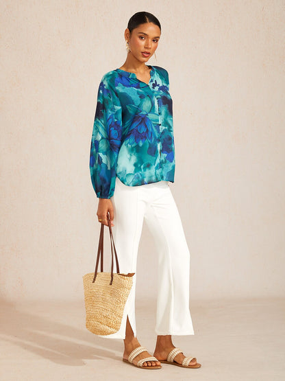 Ocean Bloom Reverie Floral Chiffon Crop Top