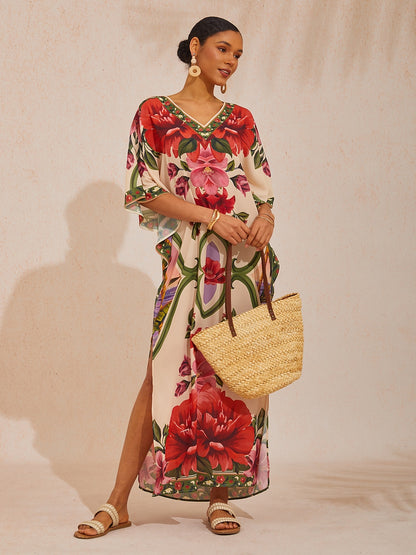 Hawaii Palm Flowy Chiffon Floral Maxi Dress