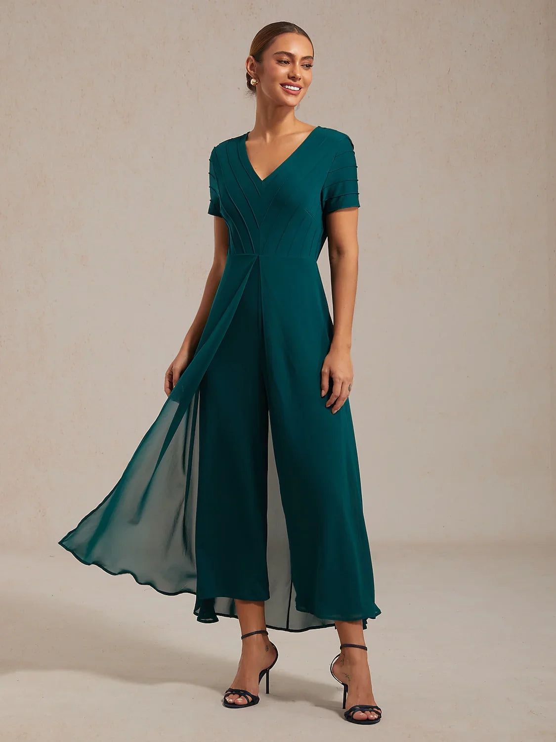 Paneled Design Faux Flowy Sheer Stretch Fabric Jumpsuit