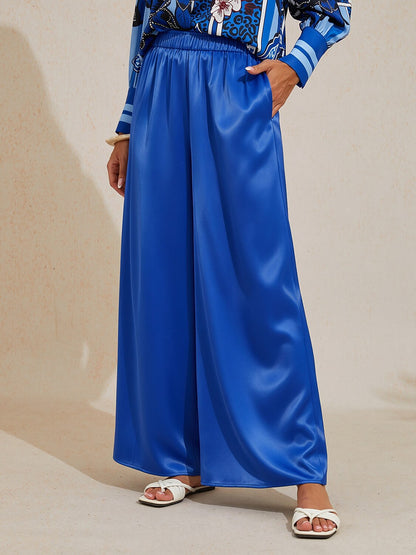 Silky Satin Blue Elastic Waist Wide Leg Pants