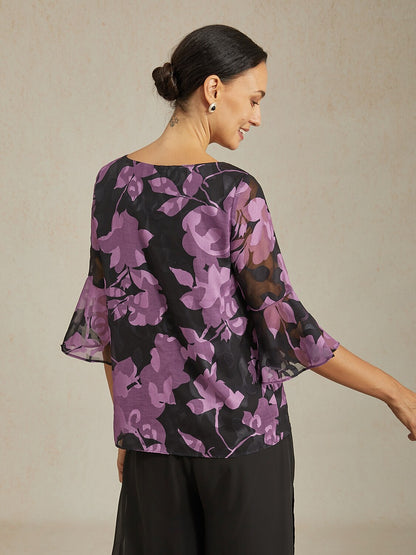 Purple Floral Print Round Neck Chiffon Blouse