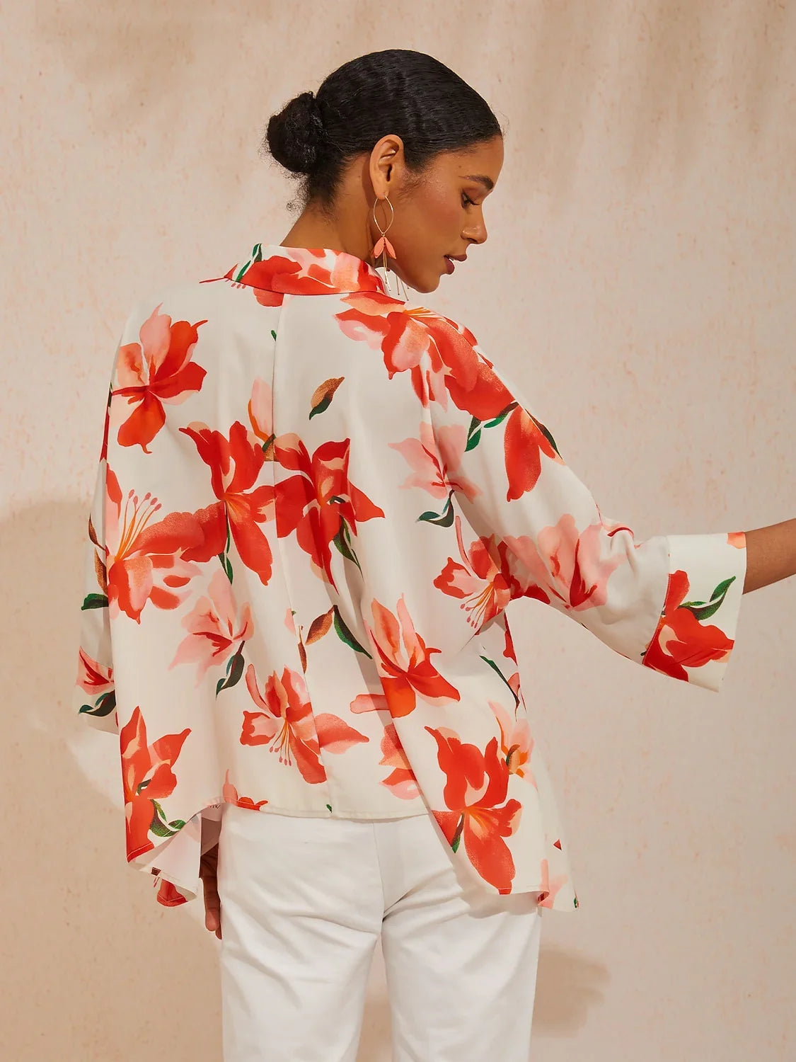 Spring Blooms Flowy Chiffon Asymmetrical Dolman Sleeve Blouse