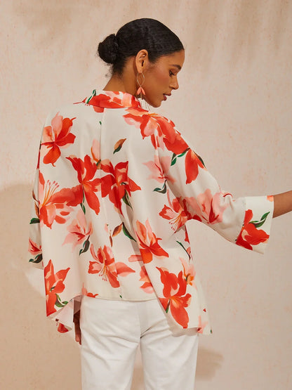 Spring Blooms Flowy Chiffon Asymmetrical Dolman Sleeve Blouse
