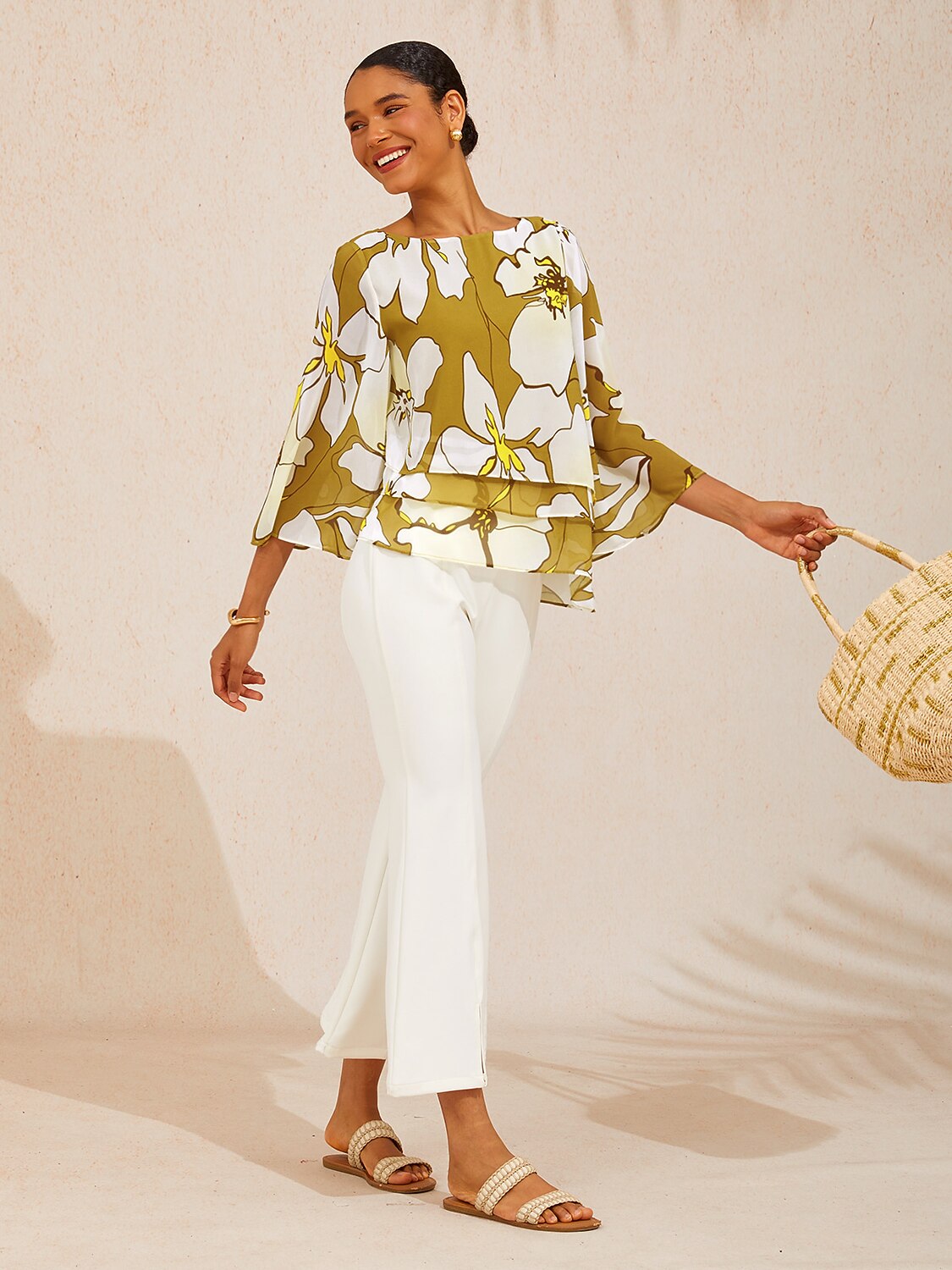 Golden Petal Glow Layered Chiffon Blouse