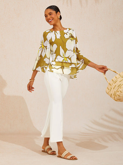 Golden Petal Glow Layered Chiffon Blouse