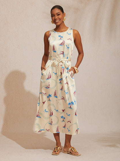 Vacation Ocean Elements Straight Satin Maxi Dress