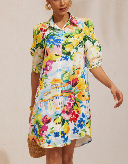 Mallorca Blossom Silky Satin Straight Shirt Dress