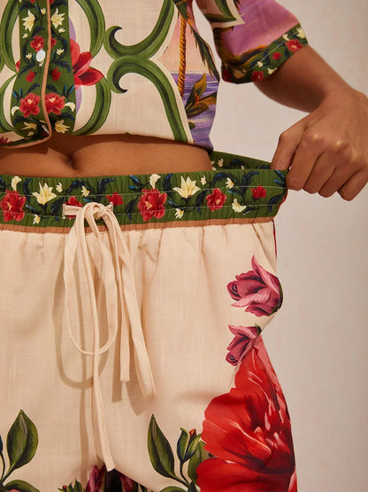 Hawaii Palm Airy Linen Look Floral Shorts