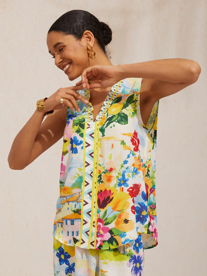 Holiday Citrus Garden Airy Linen Look Sleeveless Top
