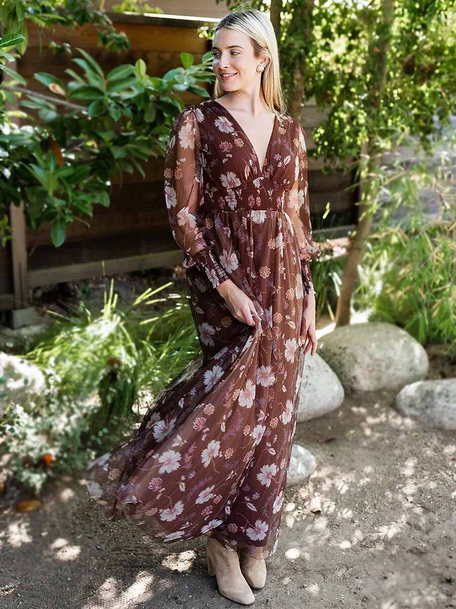 V-Neck Floral Mesh Maxi Dress