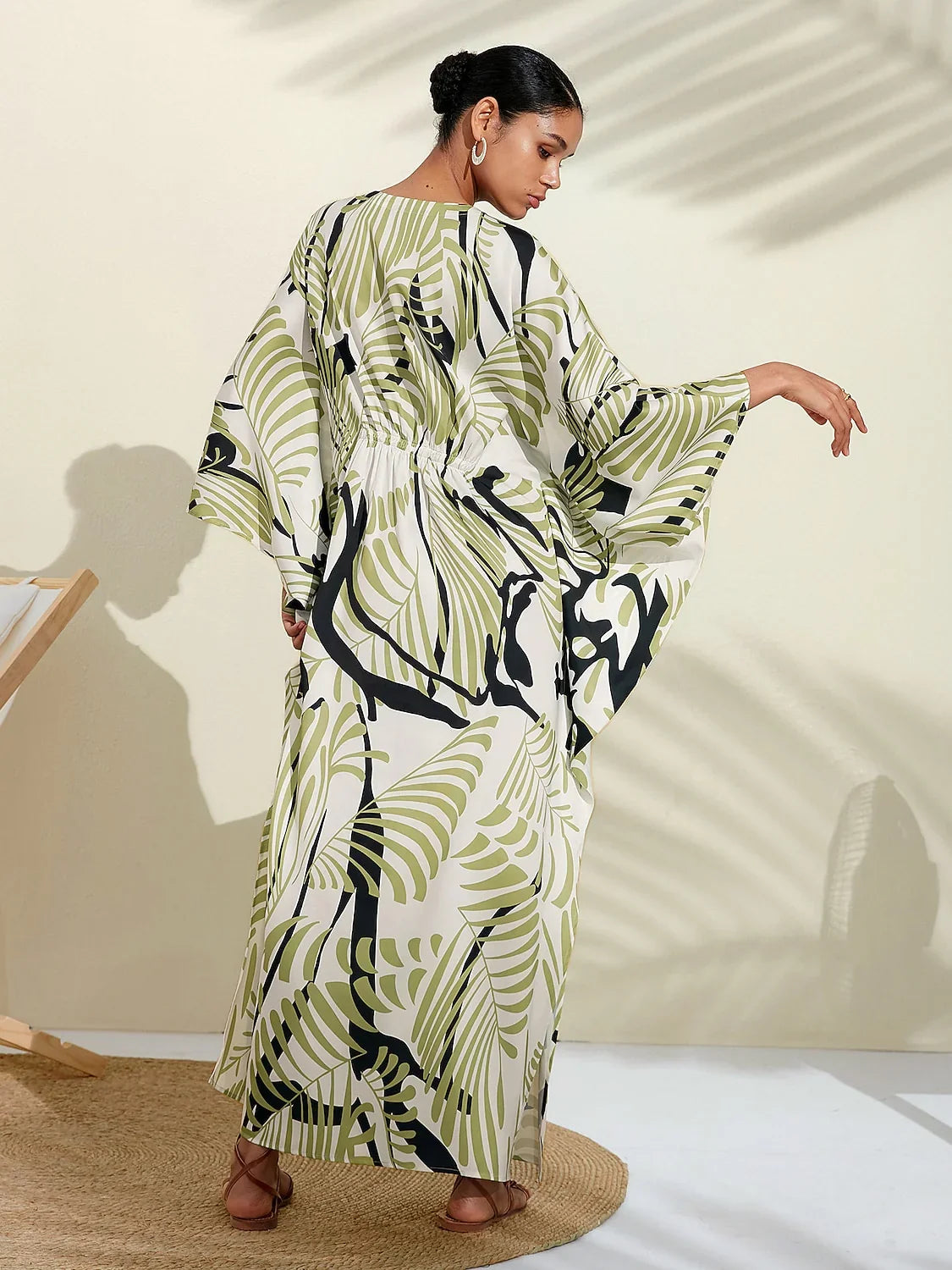Satin Artistic Print Kaftan Maxi Dress