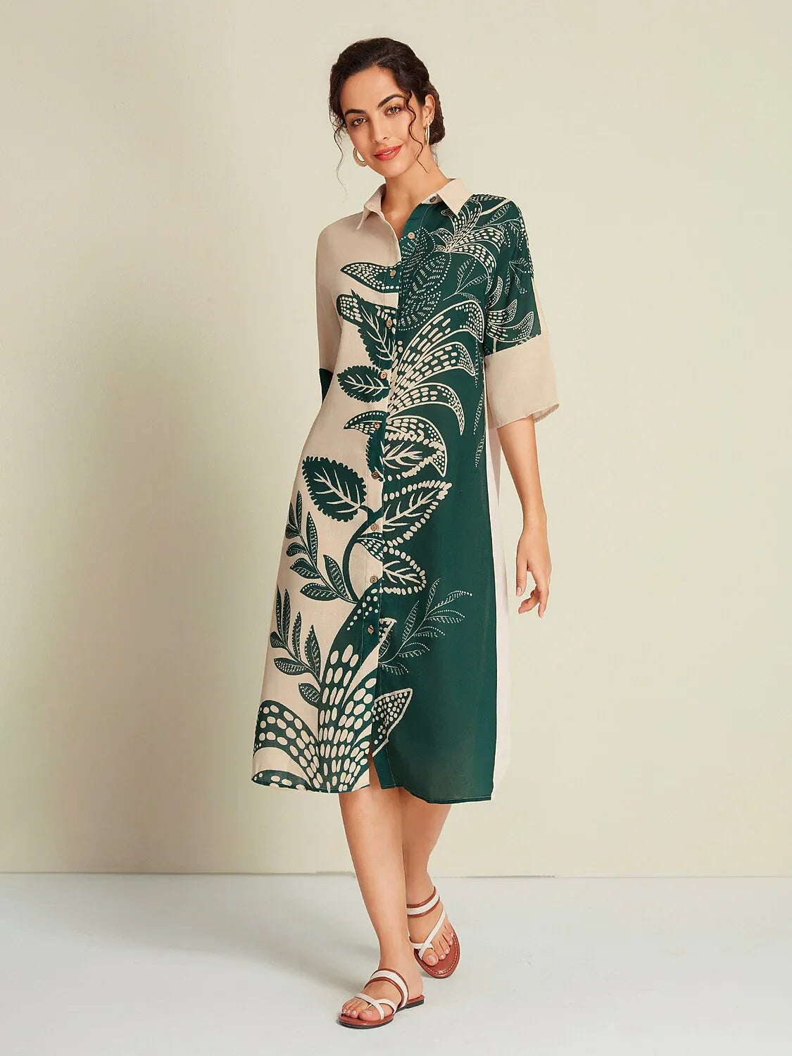 Leaf Print Half Sleeve Midi Shirt Dress