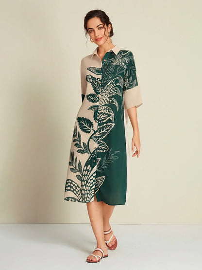 Leaf Print Half Sleeve Midi Shirt Dress
