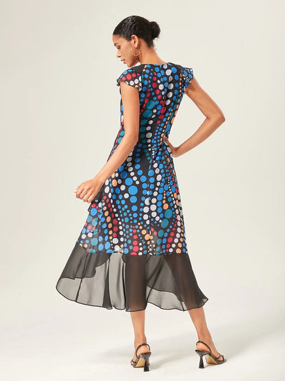 Colorblock Polka Dot Print Chiffon Ruffle Maxi Dress