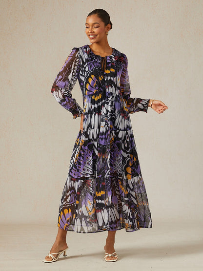 Jungle Butterfly Flowy Chiffon Maxi Dress