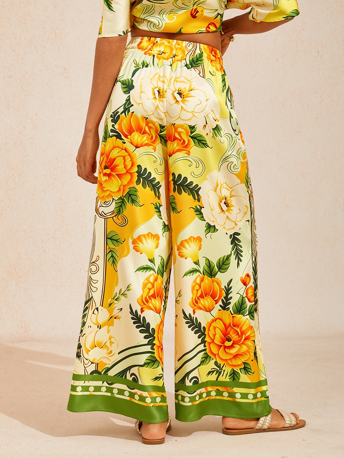 Golden Bloom Silky Satin Wide Leg Pants