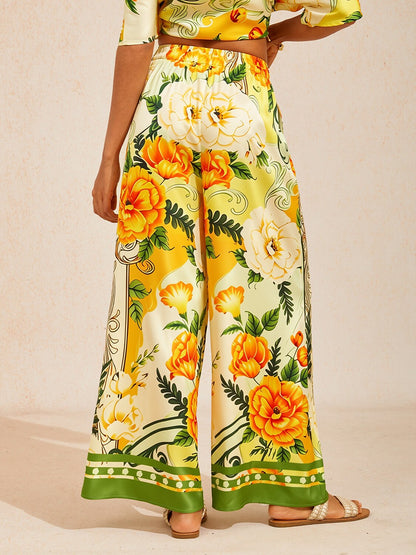 Golden Bloom Silky Satin Wide Leg Pants