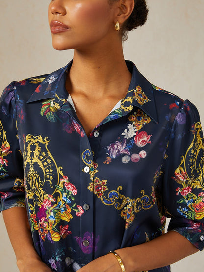 Midnight Jewel Bloom Silky Satin Shirt Dress