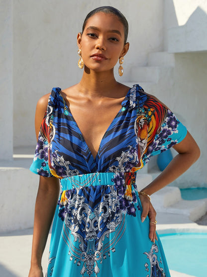 Indigo Tigress Flowy Chiffon Vacation  Maxi Dress