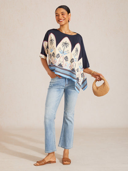 Emerald Rose Garden Silky Satin Sleeve Batwing Top