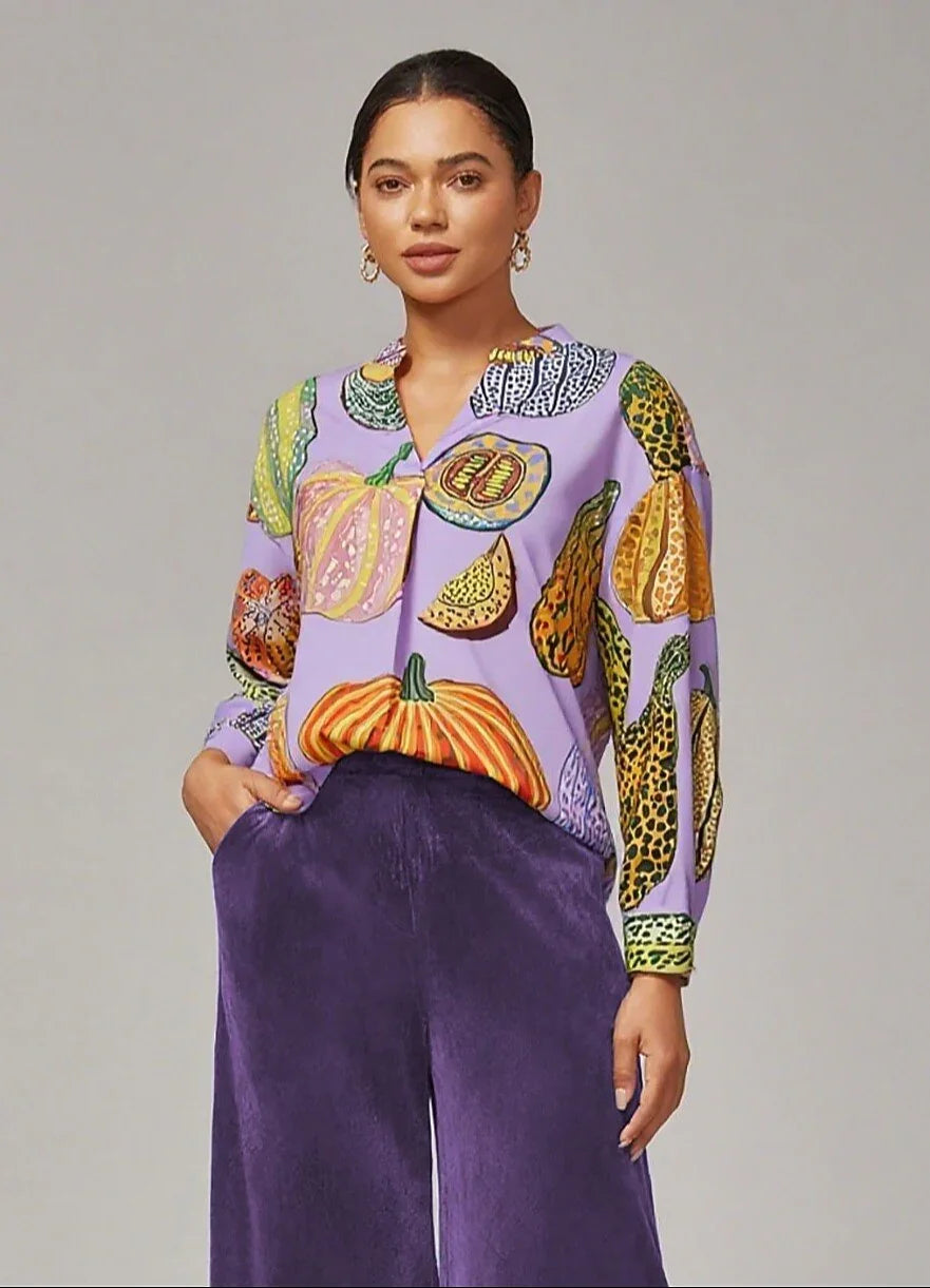 Pumpkin Print Stand Collar Pleated Shirt
