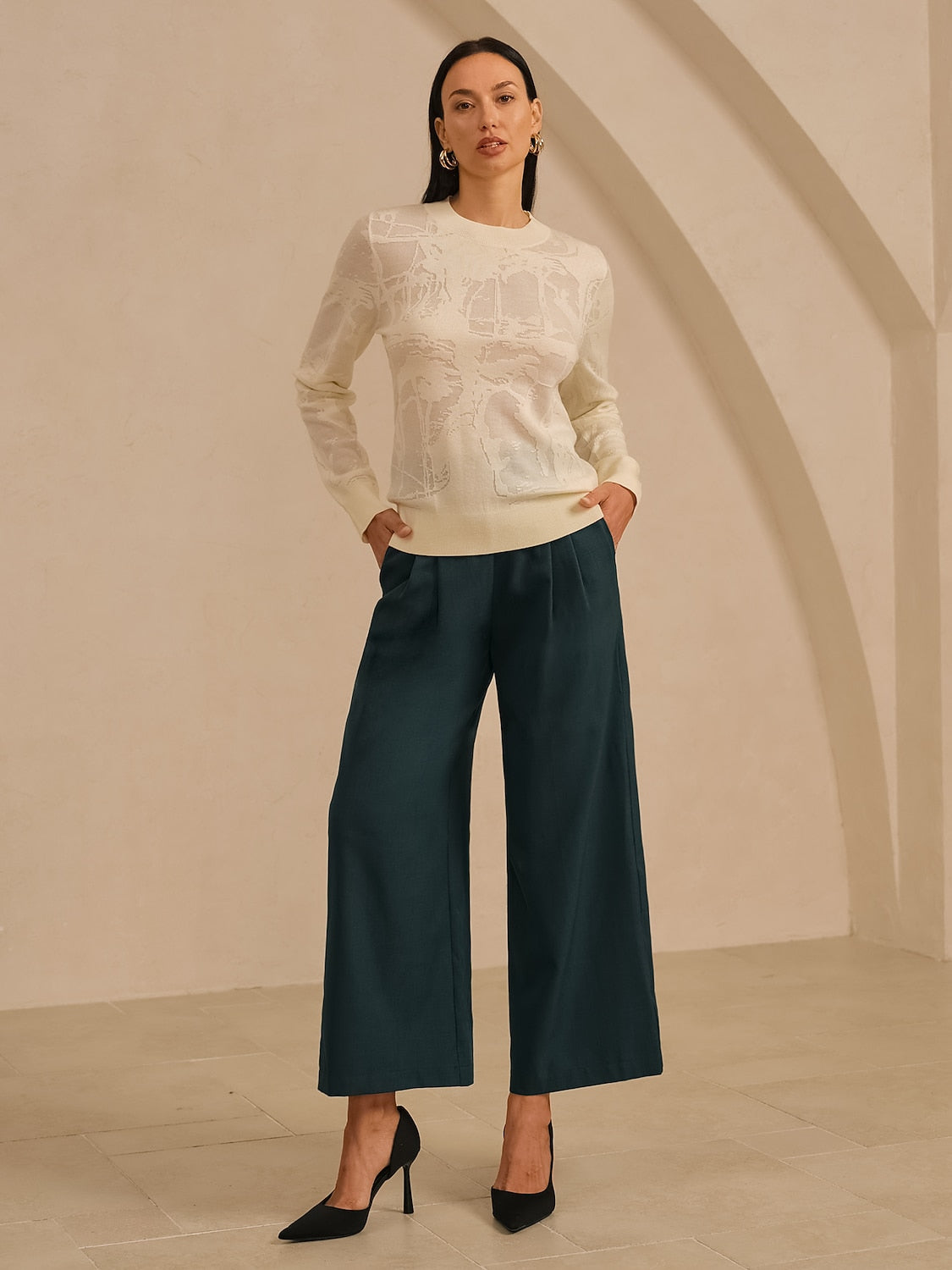 Organza Wollstrick Pullover mit Blumenmuster Rundhalsausschnitt Freizeit Urlaub
