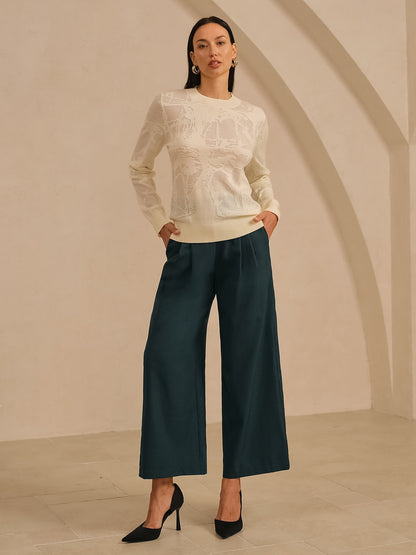 Organza Wollstrick Pullover mit Blumenmuster Rundhalsausschnitt Freizeit Urlaub