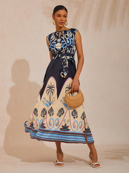 Summer Night Palm Silky Satin Maxi Dress