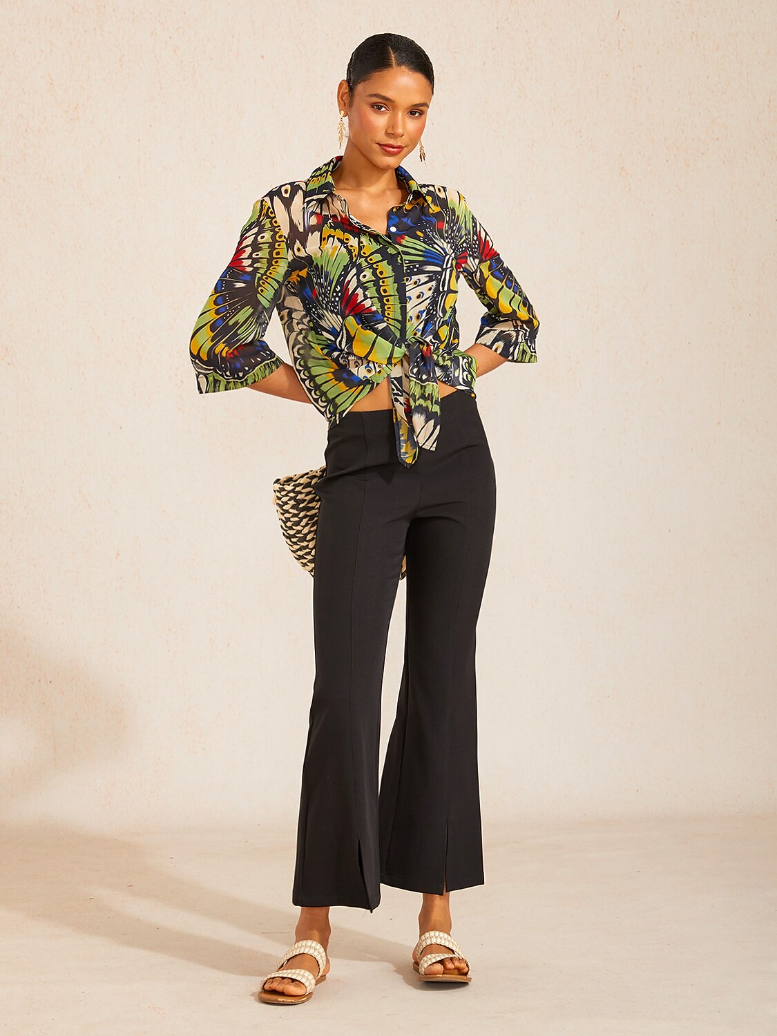 Slightly Stretch Fine Rib Cropped Flared Pants