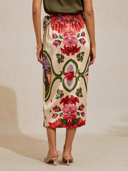 Hawaii Palm Silky Satin Wrap Skirt